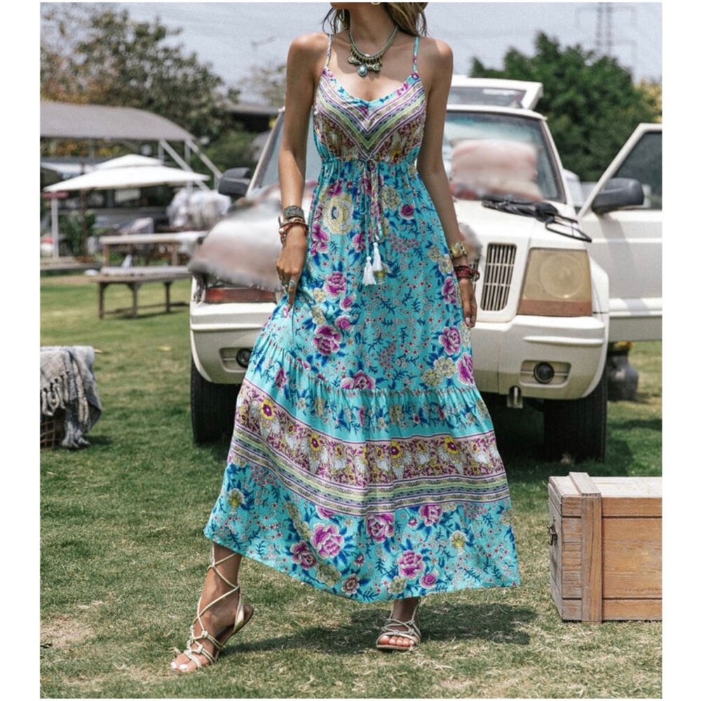 Boho Mint Blue Floral Print Cami Maxi Dress - Picture 1 of 4